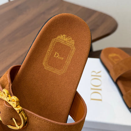 DIOR 26S MEDAILLON BUCKLE SLIDE IN CARAMEL BROWN SUEDE GOLD HARDWARE