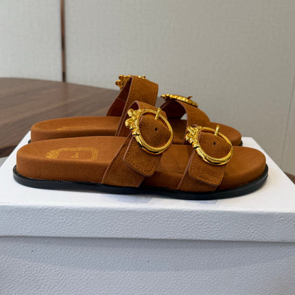 DIOR 26S MEDAILLON BUCKLE SLIDE IN CARAMEL BROWN SUEDE GOLD HARDWARE