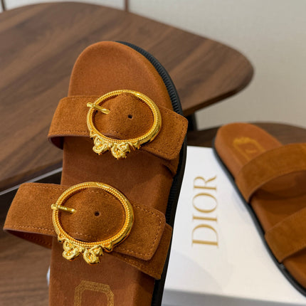 DIOR 26S MEDAILLON BUCKLE SLIDE IN CARAMEL BROWN SUEDE GOLD HARDWARE