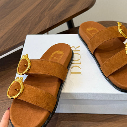 DIOR 26S MEDAILLON BUCKLE SLIDE IN CARAMEL BROWN SUEDE GOLD HARDWARE