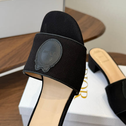 DIOR 26S D-BADGE SLIDE SANDALS IN BLACK CANVAS AND CALFSKIN