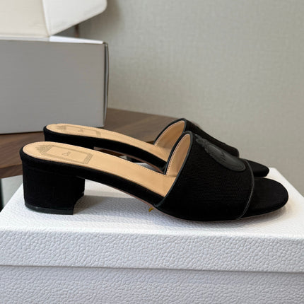 DIOR 26S D-BADGE SLIDE SANDALS IN BLACK CANVAS AND CALFSKIN