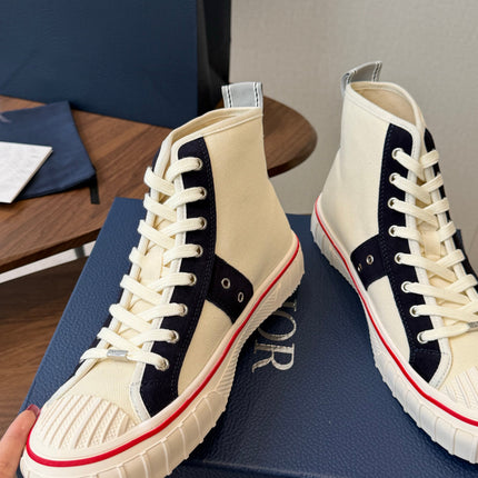 DIOR 26S HIGH-TOP SNEAKERS 30MM IN IVORY WHITE AND NAVY BLUE CANVAS