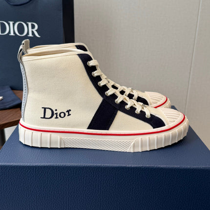 DIOR 26S HIGH-TOP SNEAKERS 30MM IN IVORY WHITE AND NAVY BLUE CANVAS