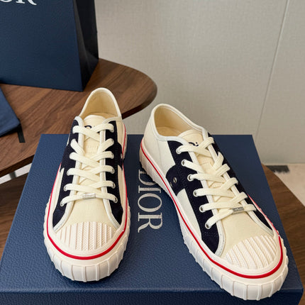 DIOR 26S LOW-TOP SNEAKERS 30MM IN IVORY WHITE AND NAVY BLUE CANVAS