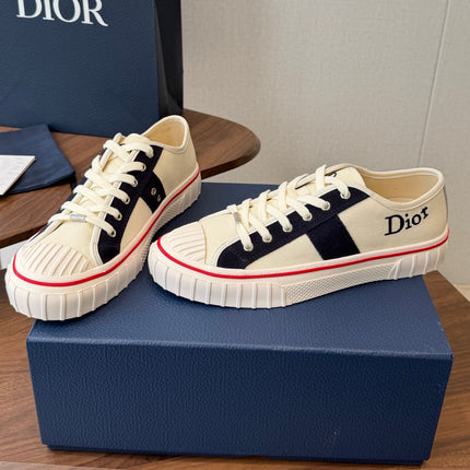 DIOR 26S LOW-TOP SNEAKERS 30MM IN IVORY WHITE AND NAVY BLUE CANVAS