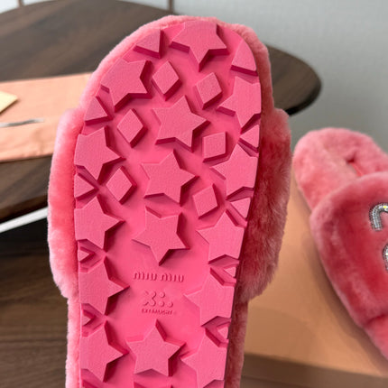 MIUMIU 26S CRYSTAL LOGO SLIDES IN PINK SHEARLING