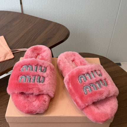 MIUMIU 26S CRYSTAL LOGO SLIDES IN PINK SHEARLING