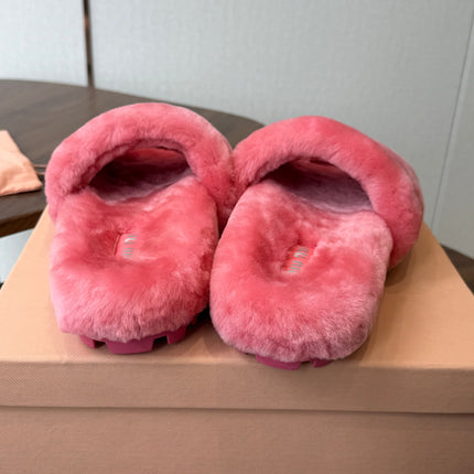 MIUMIU 26S CRYSTAL LOGO SLIDES IN PINK SHEARLING
