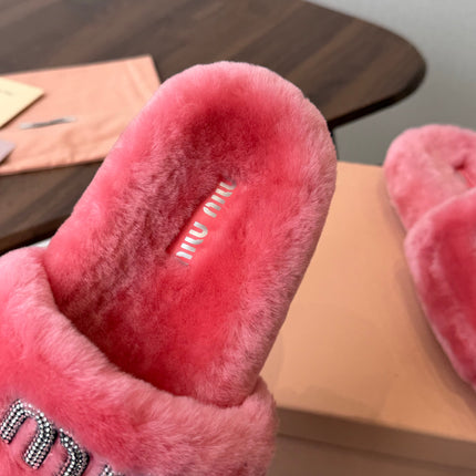 MIUMIU 26S CRYSTAL LOGO SLIDES IN PINK SHEARLING