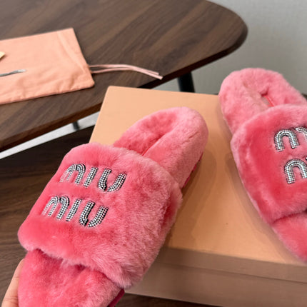 MIUMIU 26S CRYSTAL LOGO SLIDES IN PINK SHEARLING