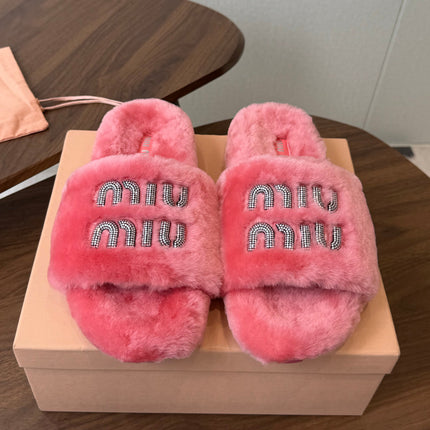 MIUMIU 26S CRYSTAL LOGO SLIDES IN PINK SHEARLING