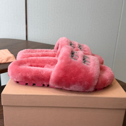 MIUMIU 26S CRYSTAL LOGO SLIDES IN PINK SHEARLING