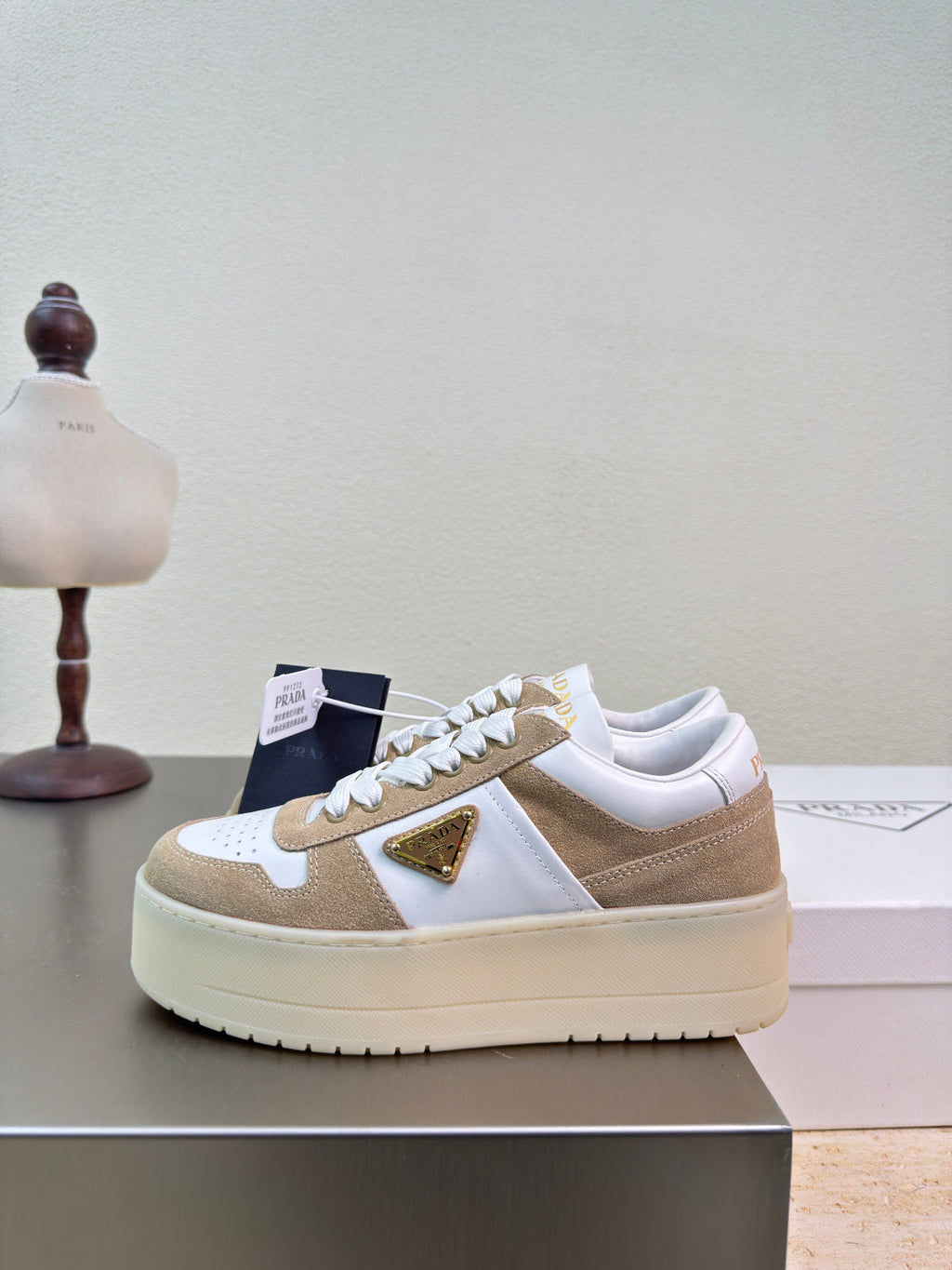 PRADA 26S DOWNTOWN THICK SOLE SNEAKERS IN WHITE CALFSKIN AND BROWN SUEDE