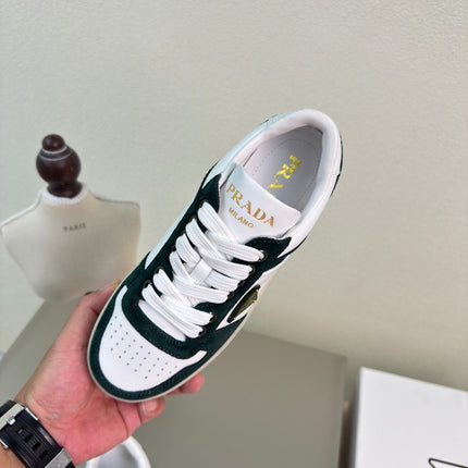 PRADA 26S DOWNTOWN THICK SOLE SNEAKERS IN WHITE CALFSKIN AND BLACK SUEDE