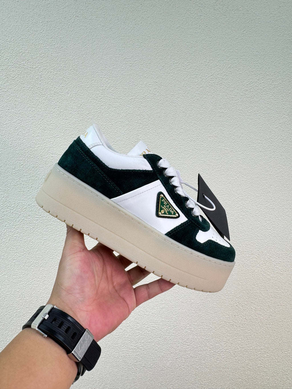 PRADA 26S DOWNTOWN THICK SOLE SNEAKERS IN WHITE CALFSKIN AND BLACK SUEDE