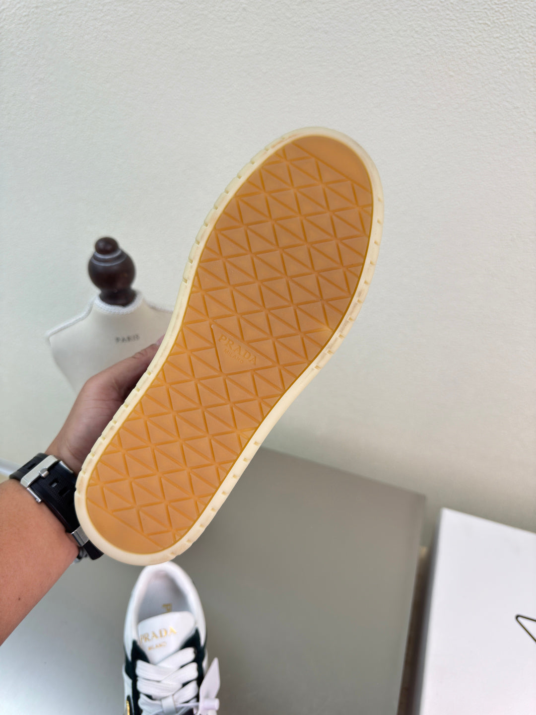 PRADA 26S DOWNTOWN THICK SOLE SNEAKERS IN WHITE CALFSKIN AND BLACK SUEDE