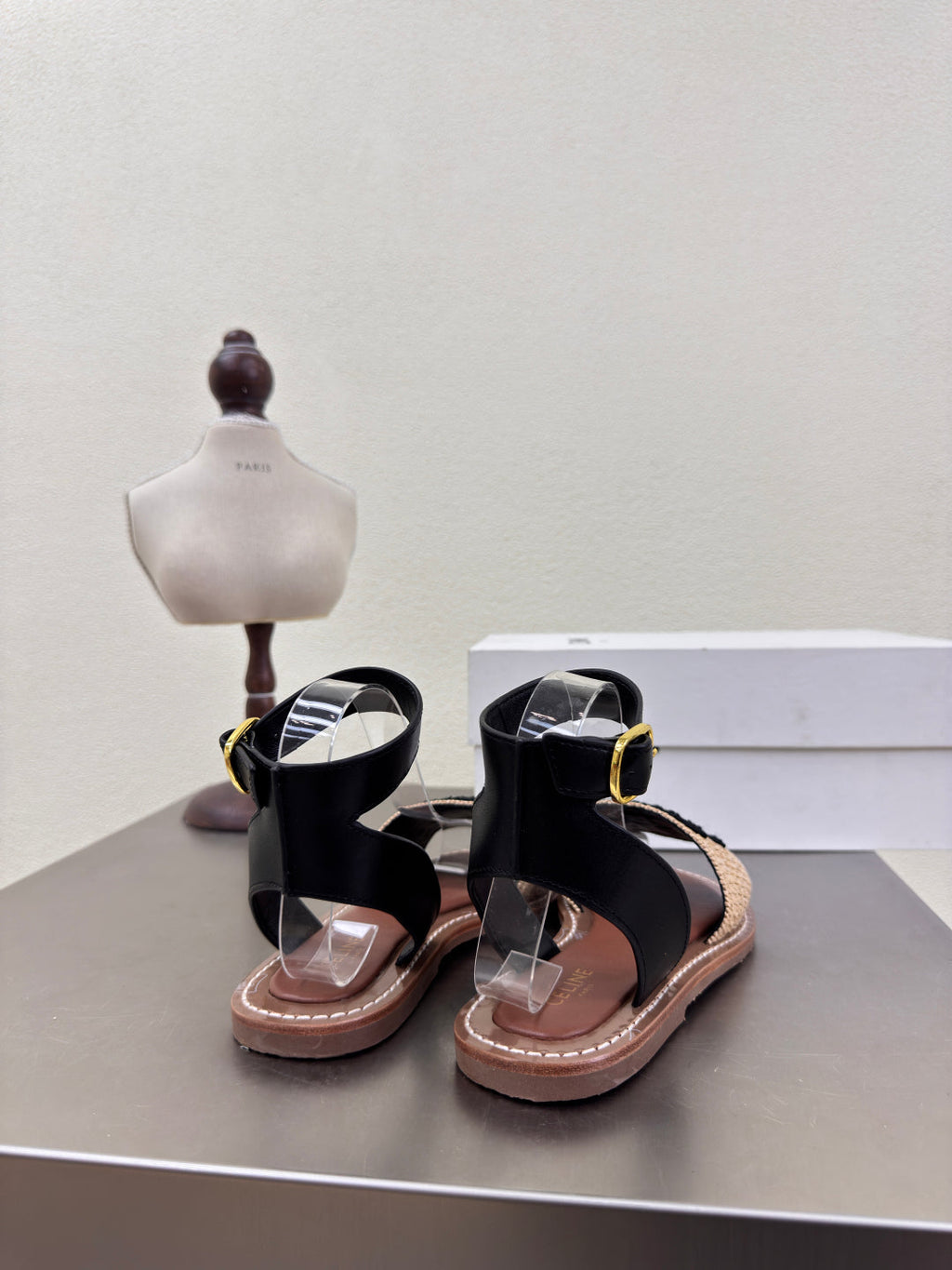 CELINE 25S TRIOMPHE SANDALS BEIGE RAFFIA BLACK WOOL