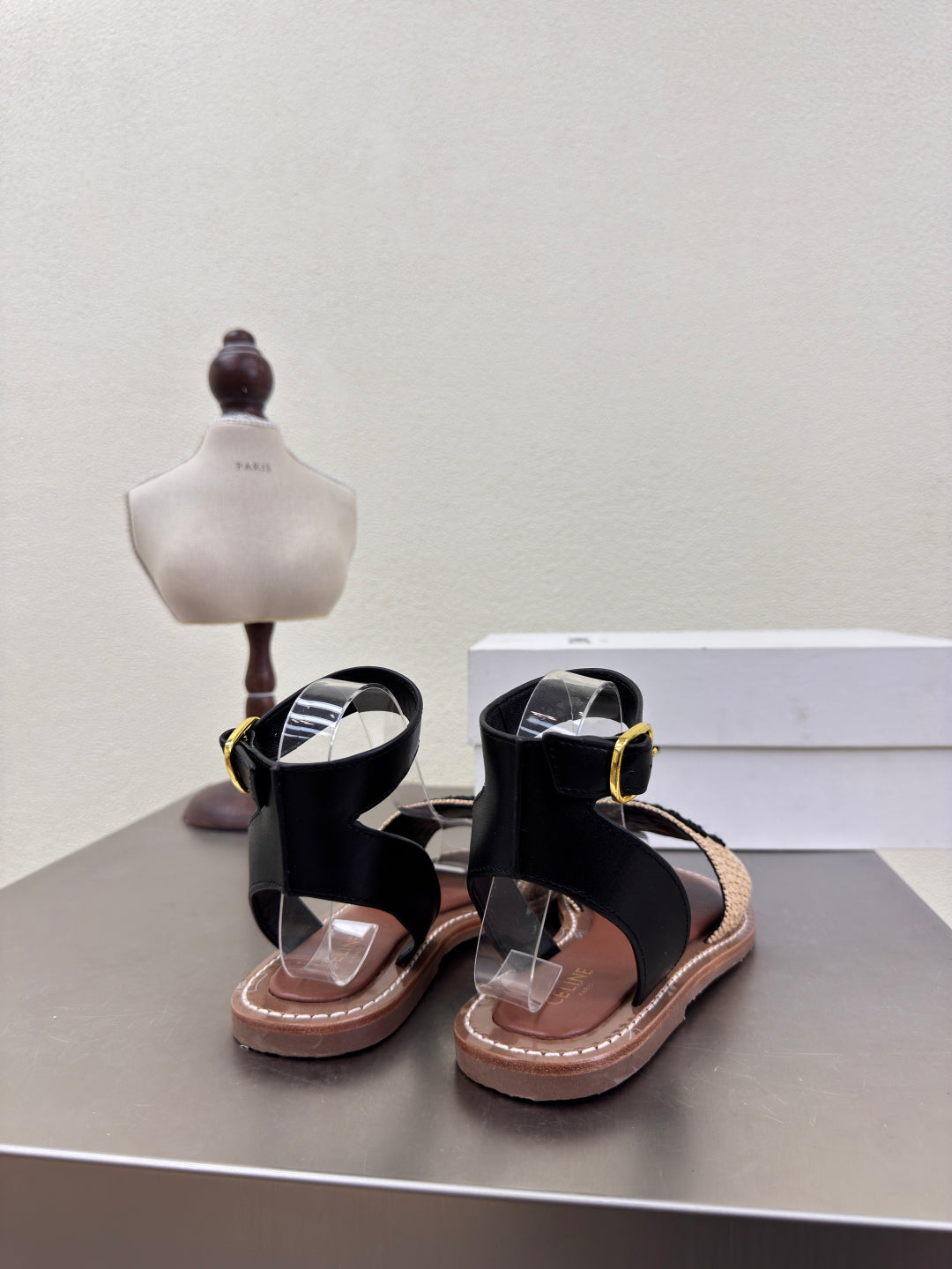 CELINE 25S TRIOMPHE SANDALS BEIGE RAFFIA BLACK WOOL