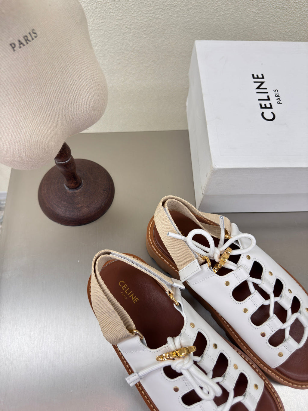CELINE 25S BILLIE CHUNKY SANDAL IN WHITE CALFSKIN AND TEXTILE