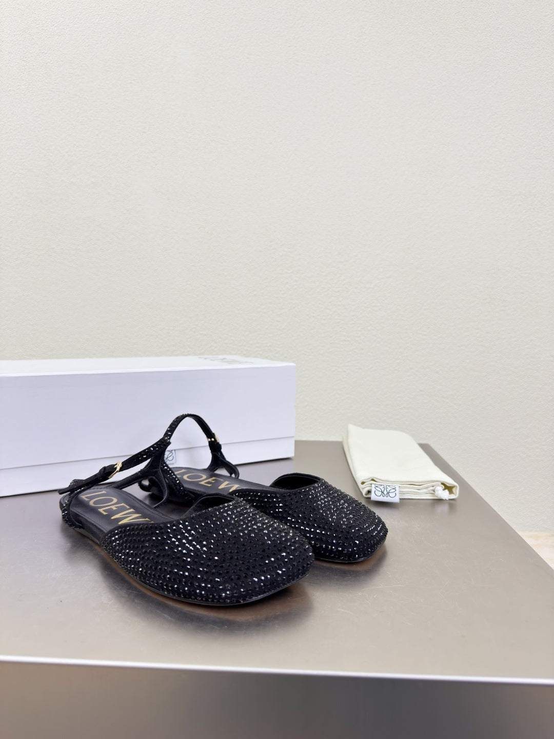 LOEWE 26S CRYSTAL-EMBELLISHED SLINGBACK FLAT PUMPS IN BLACK CALFSKIN