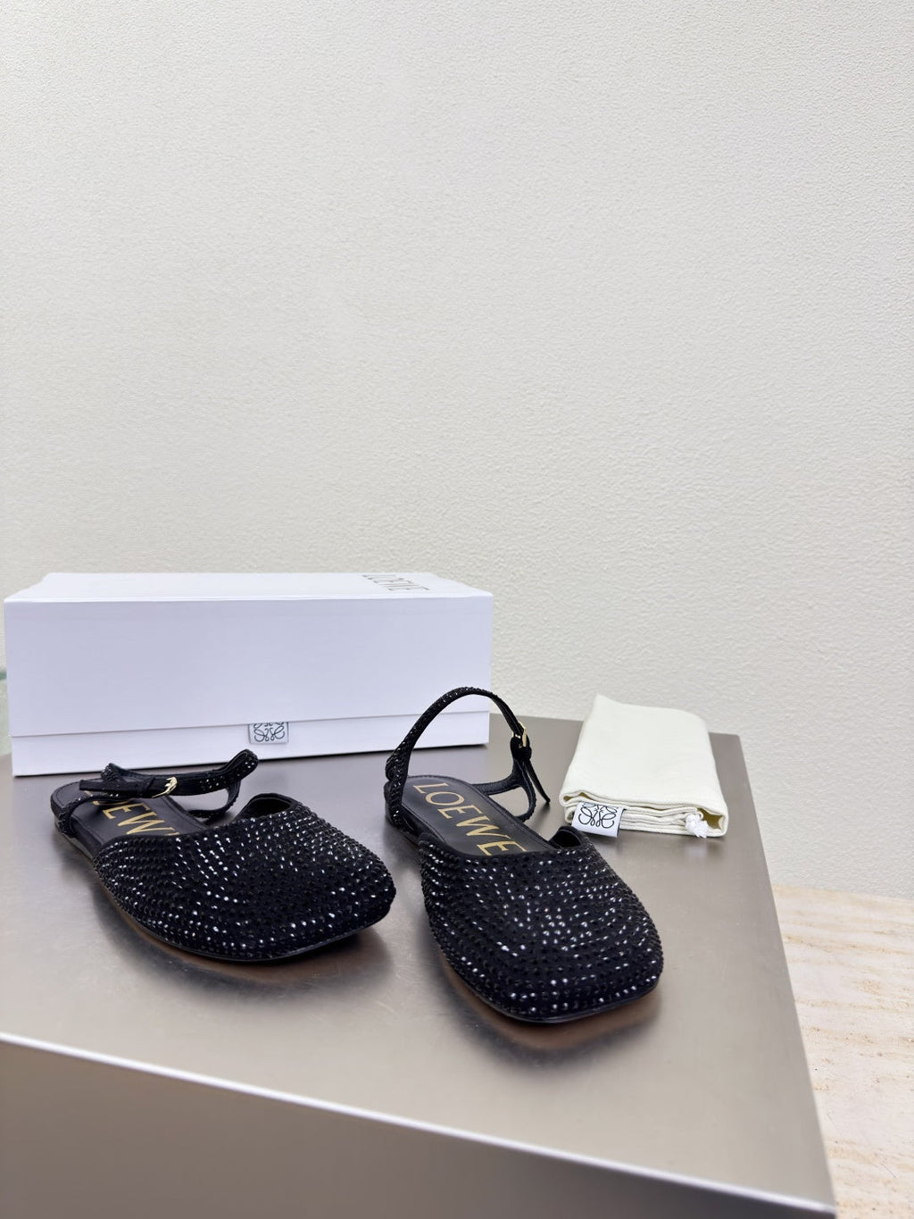 LOEWE 26S CRYSTAL-EMBELLISHED SLINGBACK FLAT PUMPS IN BLACK CALFSKIN