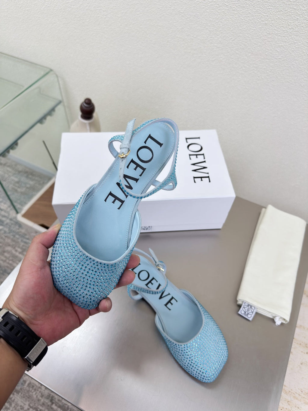 LOEWE 26S CRYSTAL-EMBELLISHED SLINGBACK FLAT PUMPS IN LIGHT BLUE CALFSKIN