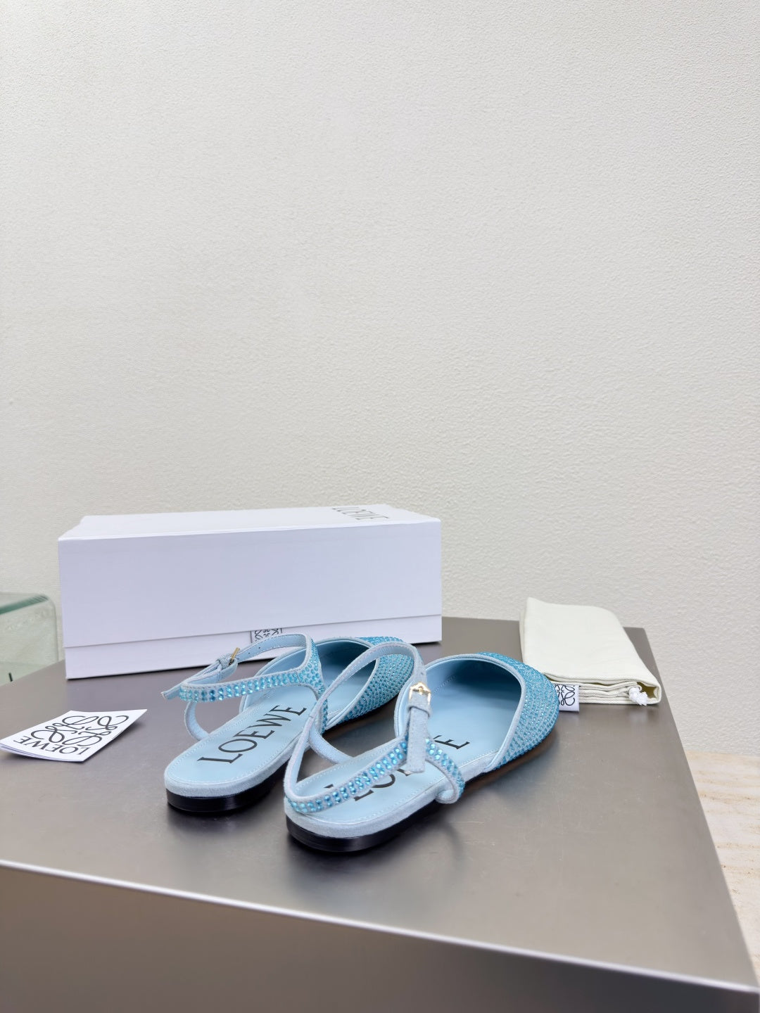 LOEWE 26S CRYSTAL-EMBELLISHED SLINGBACK FLAT PUMPS IN LIGHT BLUE CALFSKIN