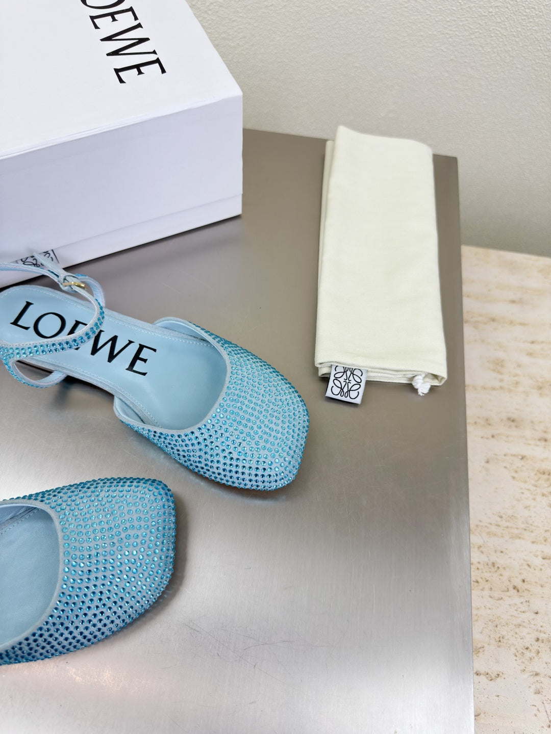 LOEWE 26S CRYSTAL-EMBELLISHED SLINGBACK FLAT PUMPS IN LIGHT BLUE CALFSKIN