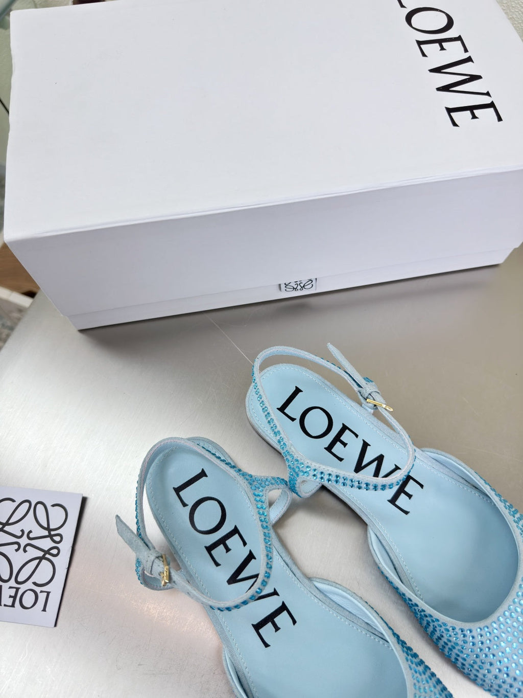 LOEWE 26S CRYSTAL-EMBELLISHED SLINGBACK FLAT PUMPS IN LIGHT BLUE CALFSKIN