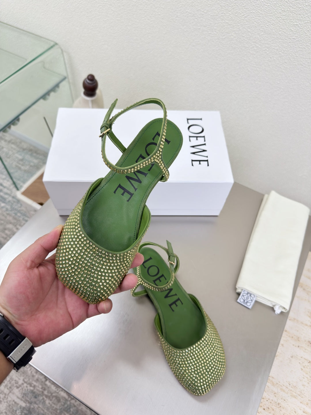 LOEWE 26S CRYSTAL-EMBELLISHED SLINGBACK FLAT PUMPS IN GREEN CALFSKIN
