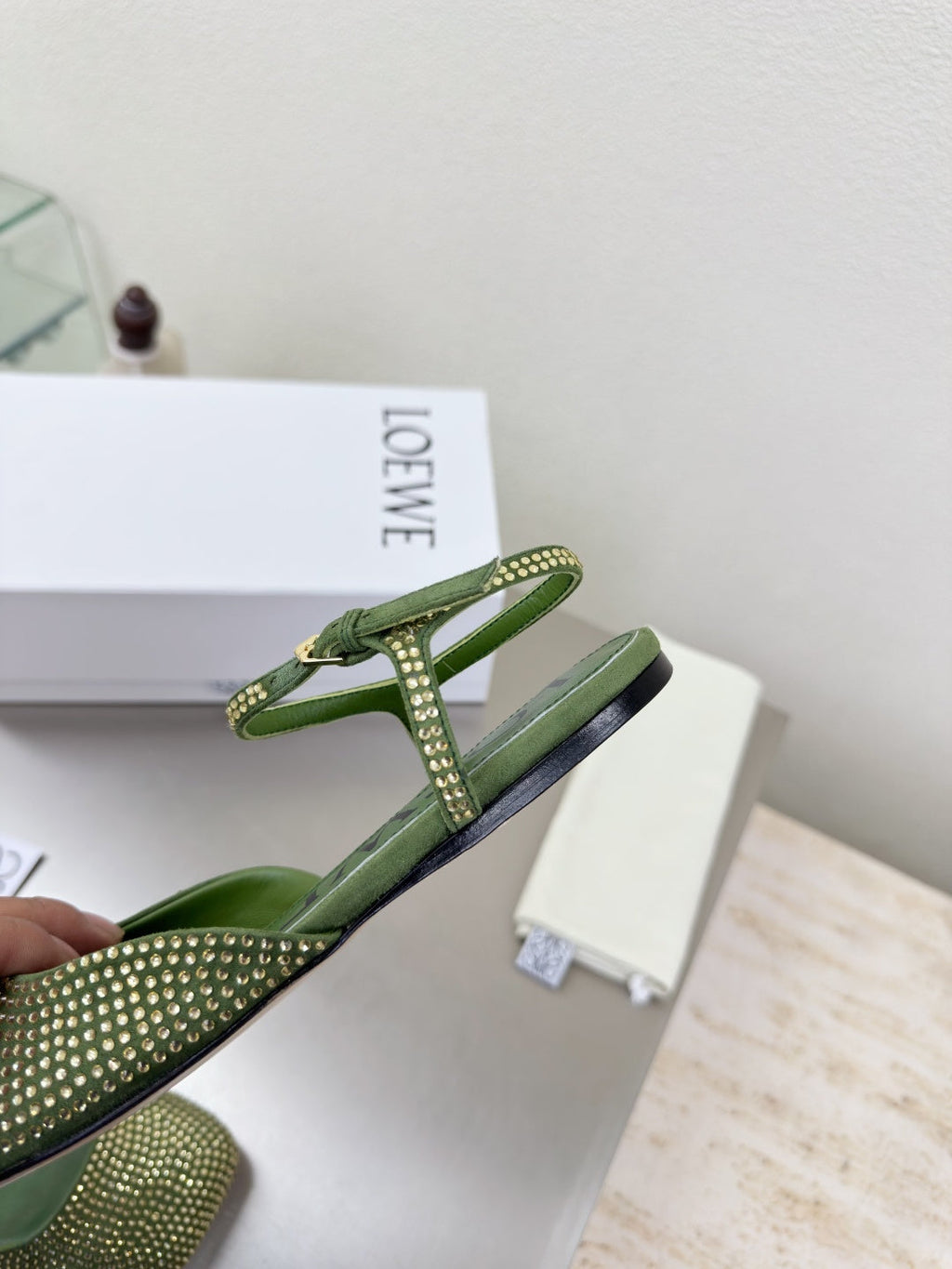 LOEWE 26S CRYSTAL-EMBELLISHED SLINGBACK FLAT PUMPS IN GREEN CALFSKIN