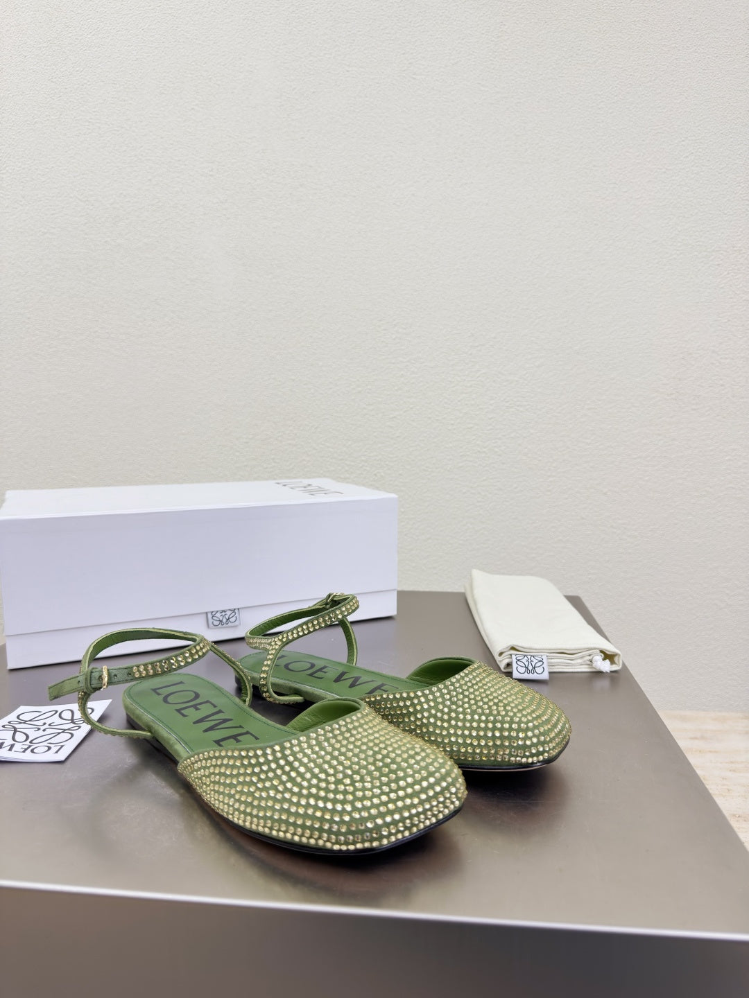 LOEWE 26S CRYSTAL-EMBELLISHED SLINGBACK FLAT PUMPS IN GREEN CALFSKIN