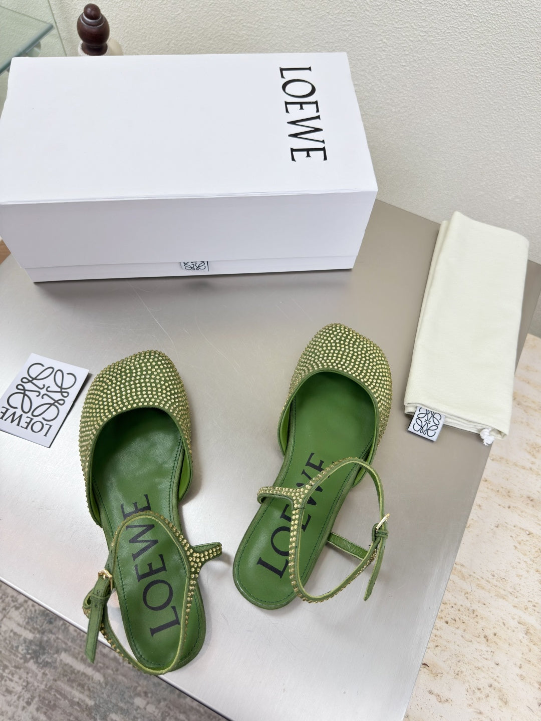 LOEWE 26S CRYSTAL-EMBELLISHED SLINGBACK FLAT PUMPS IN GREEN CALFSKIN