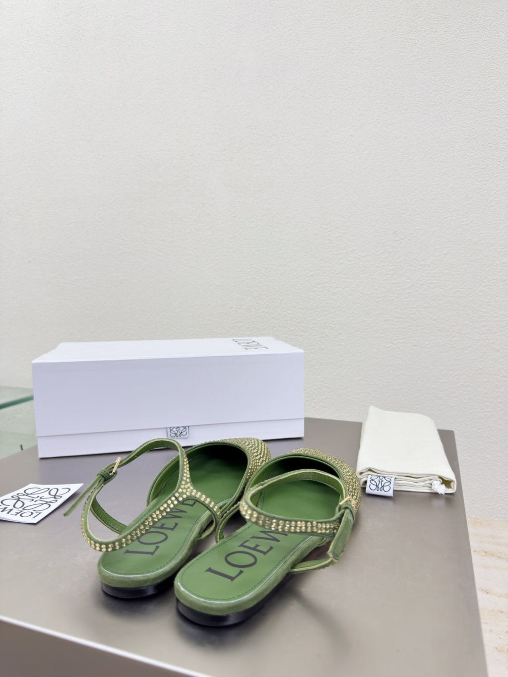 LOEWE 26S CRYSTAL-EMBELLISHED SLINGBACK FLAT PUMPS IN GREEN CALFSKIN