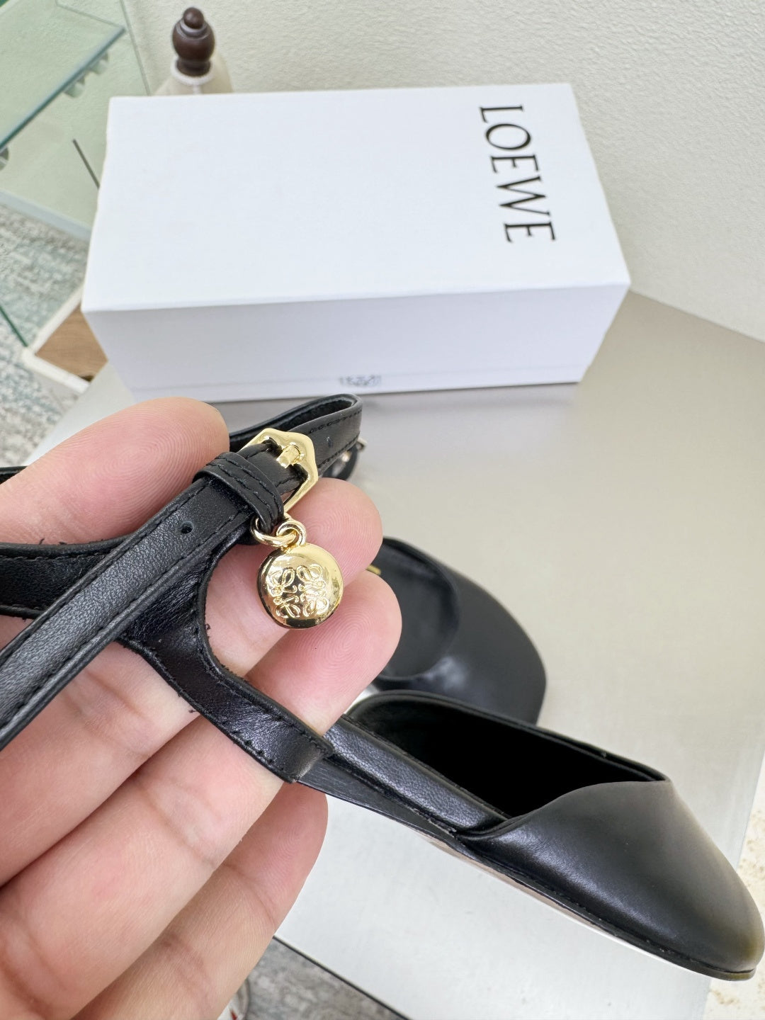 LOEWE 26S SLINGBACK FLAT PUMPS IN BLACK CALFSKIN