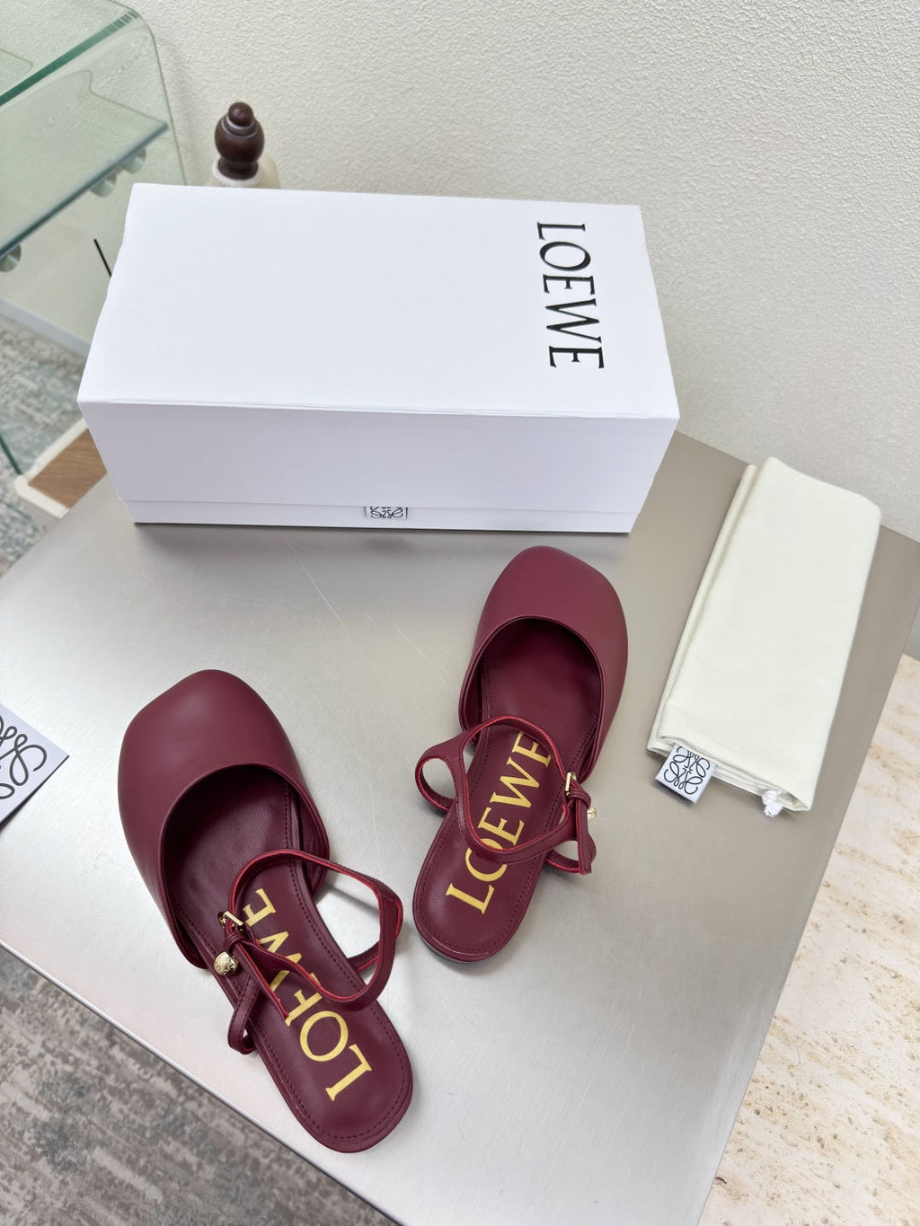 LOEWE 26S SLINGBACK FLAT PUMPS IN BURGUNDY RED CALFSKIN