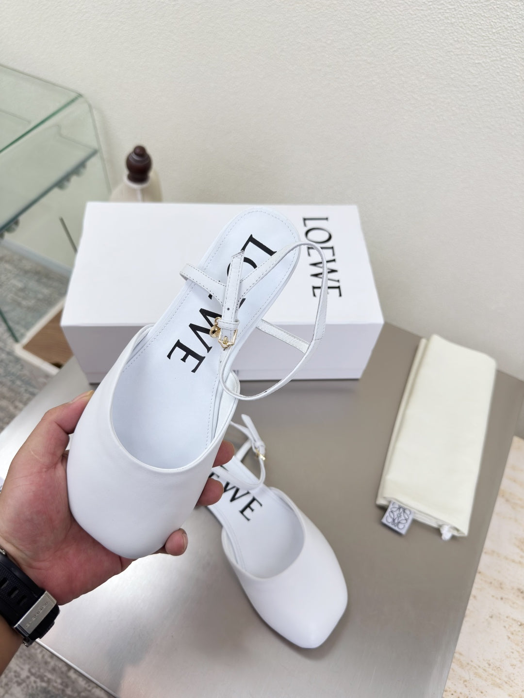 LOEWE 26S SLINGBACK FLAT PUMPS IN WHITE CALFSKIN