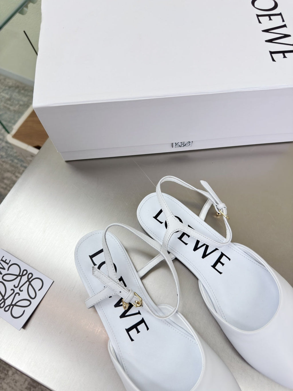 LOEWE 26S SLINGBACK FLAT PUMPS IN WHITE CALFSKIN