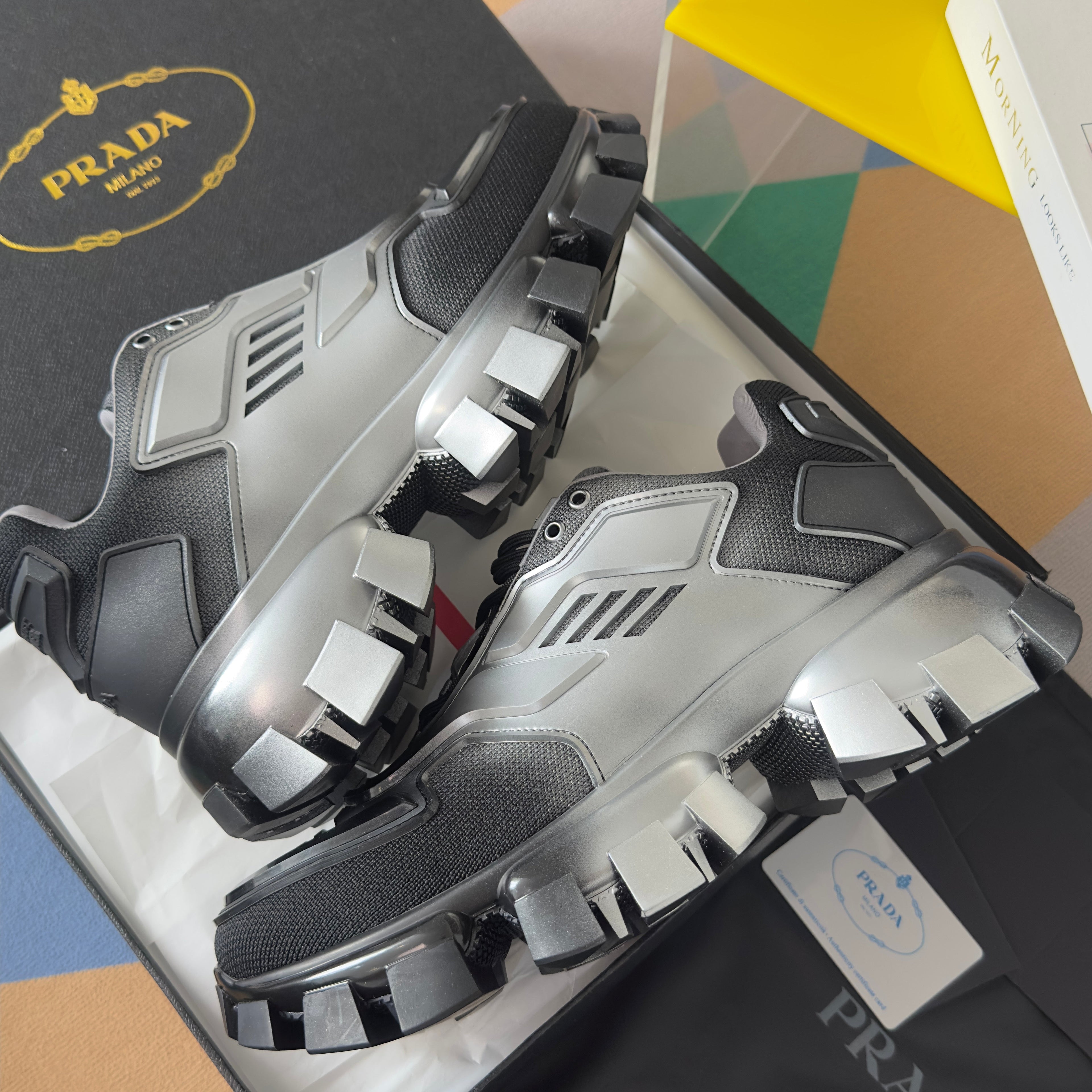 PRADA 26S CLOUDBUST THUNDER SNEAKERS 60MM IN BLACK AND SILVER MESH FABRIC AND TPU