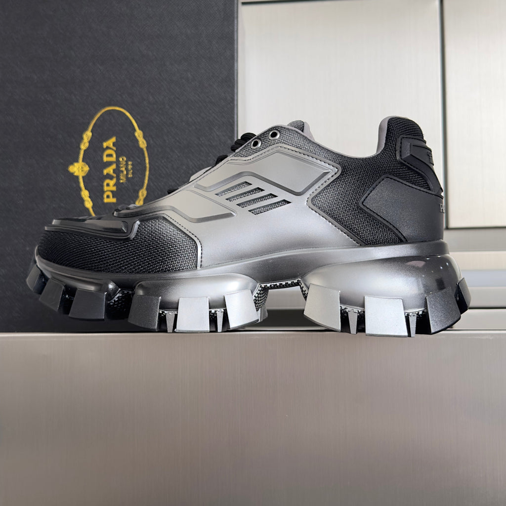 PRADA 26S CLOUDBUST THUNDER SNEAKERS 60MM IN BLACK AND SILVER MESH FABRIC AND TPU