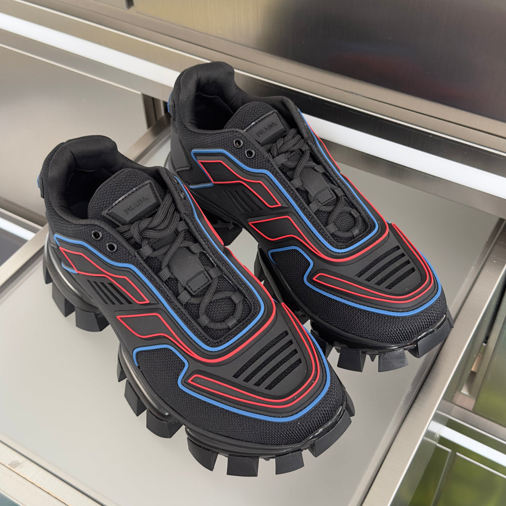 PRADA 26S CLOUDBUST THUNDER SNEAKERS 60MM IN BLACK AND RED MESH FABRIC AND TPU