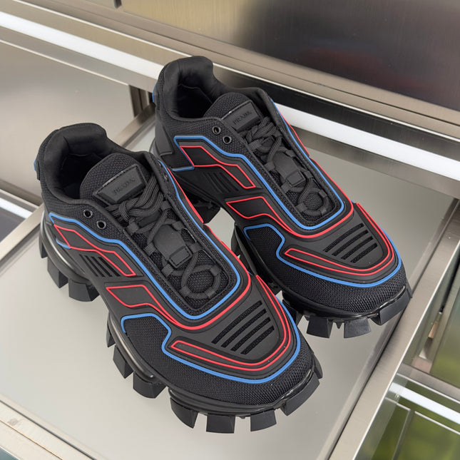 PRADA 26S CLOUDBUST THUNDER SNEAKERS 60MM IN BLACK AND RED MESH FABRIC AND TPU