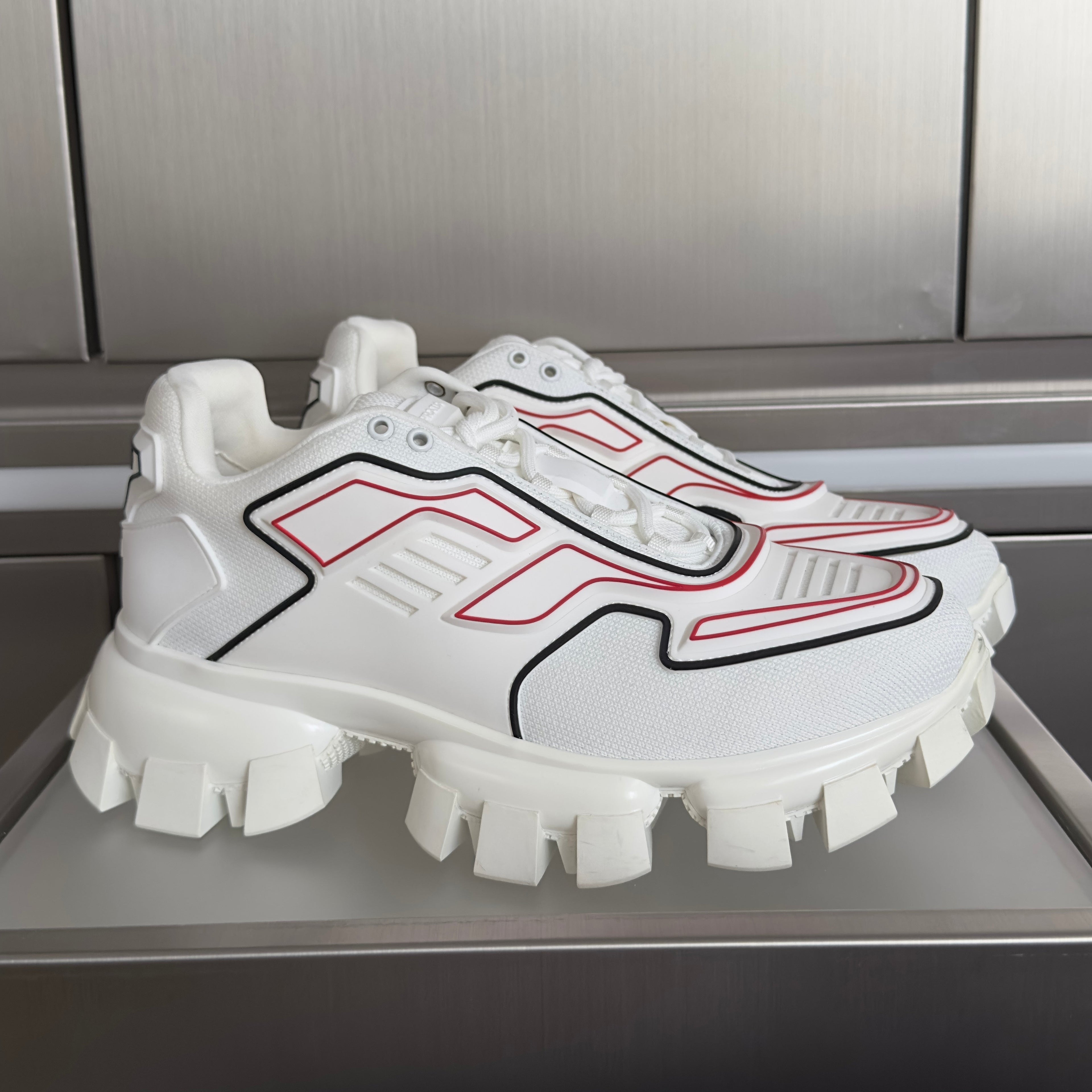 PRADA 26S CLOUDBUST THUNDER SNEAKERS 60MM IN WHITE AND RED MESH FABRIC AND TPU