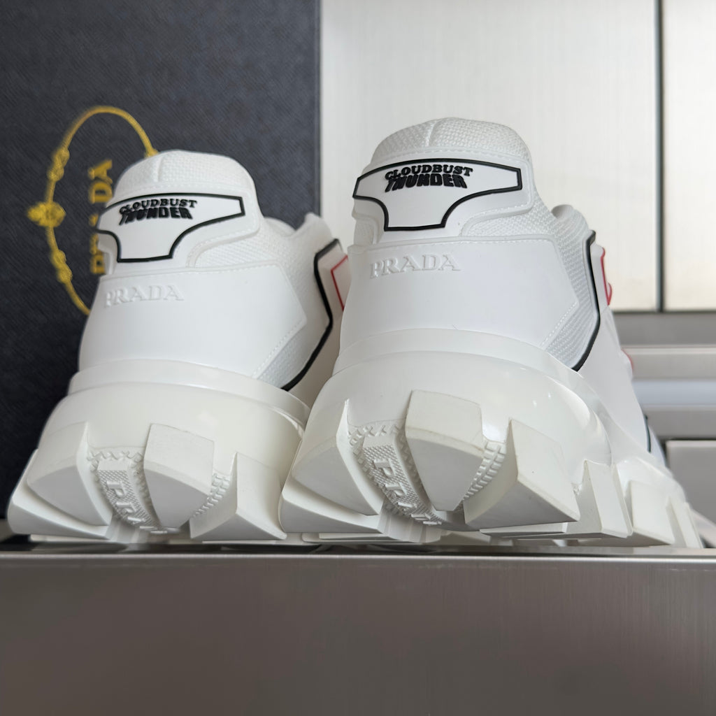 PRADA 26S CLOUDBUST THUNDER SNEAKERS 60MM IN WHITE AND RED MESH FABRIC AND TPU