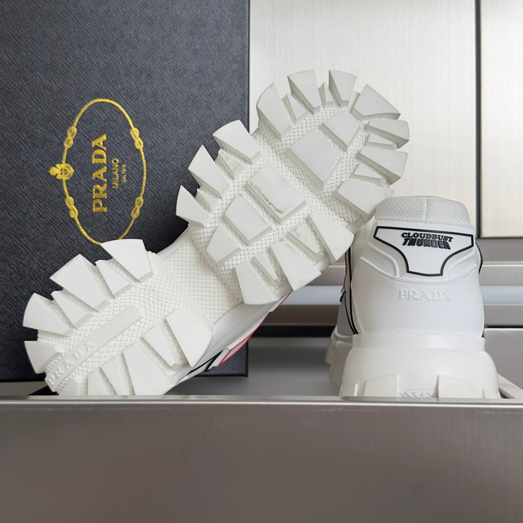 PRADA 26S CLOUDBUST THUNDER SNEAKERS 60MM IN WHITE AND RED MESH FABRIC AND TPU