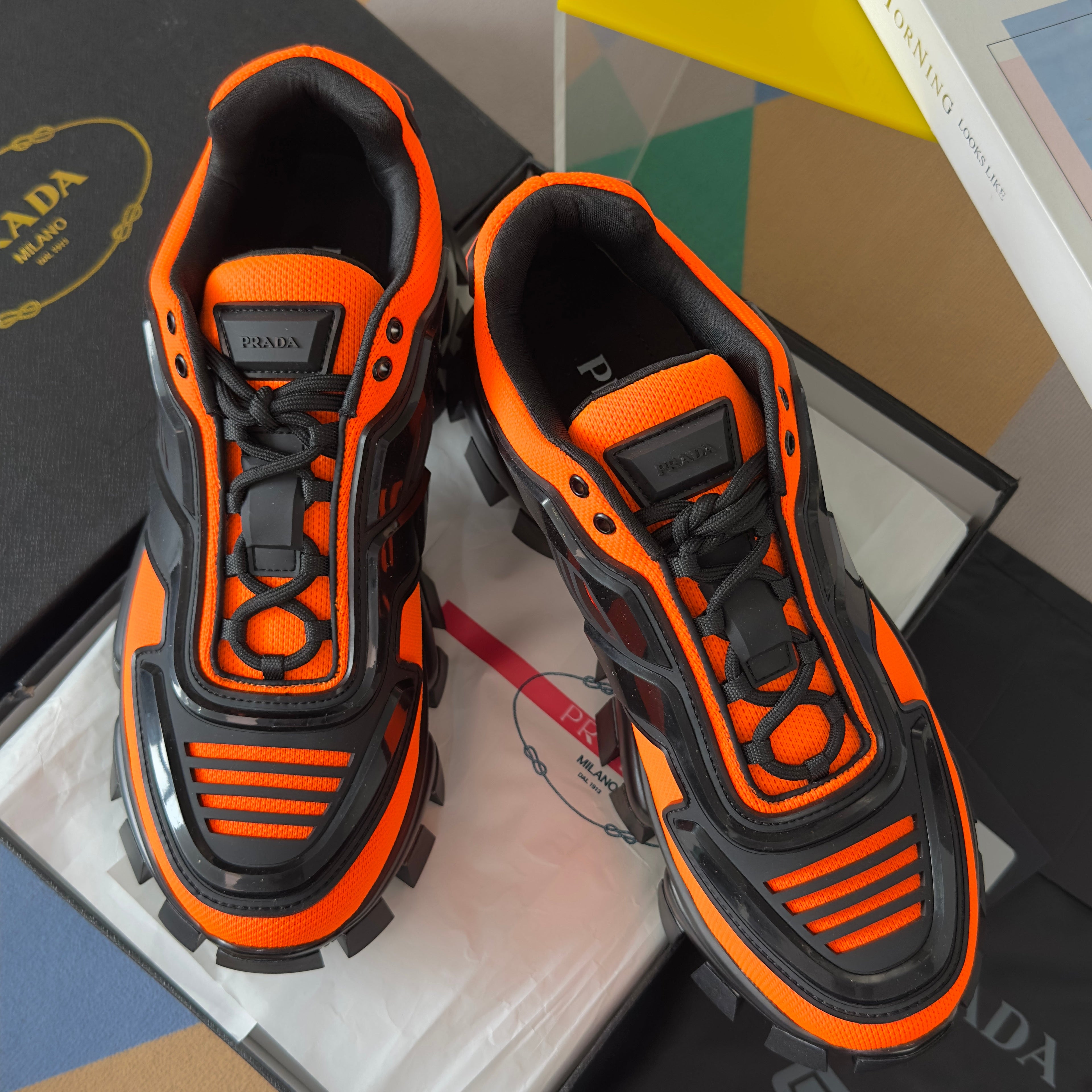 PRADA 26S CLOUDBUST THUNDER SNEAKERS 60MM IN ORANGE RED MESH FABRIC AND TPU