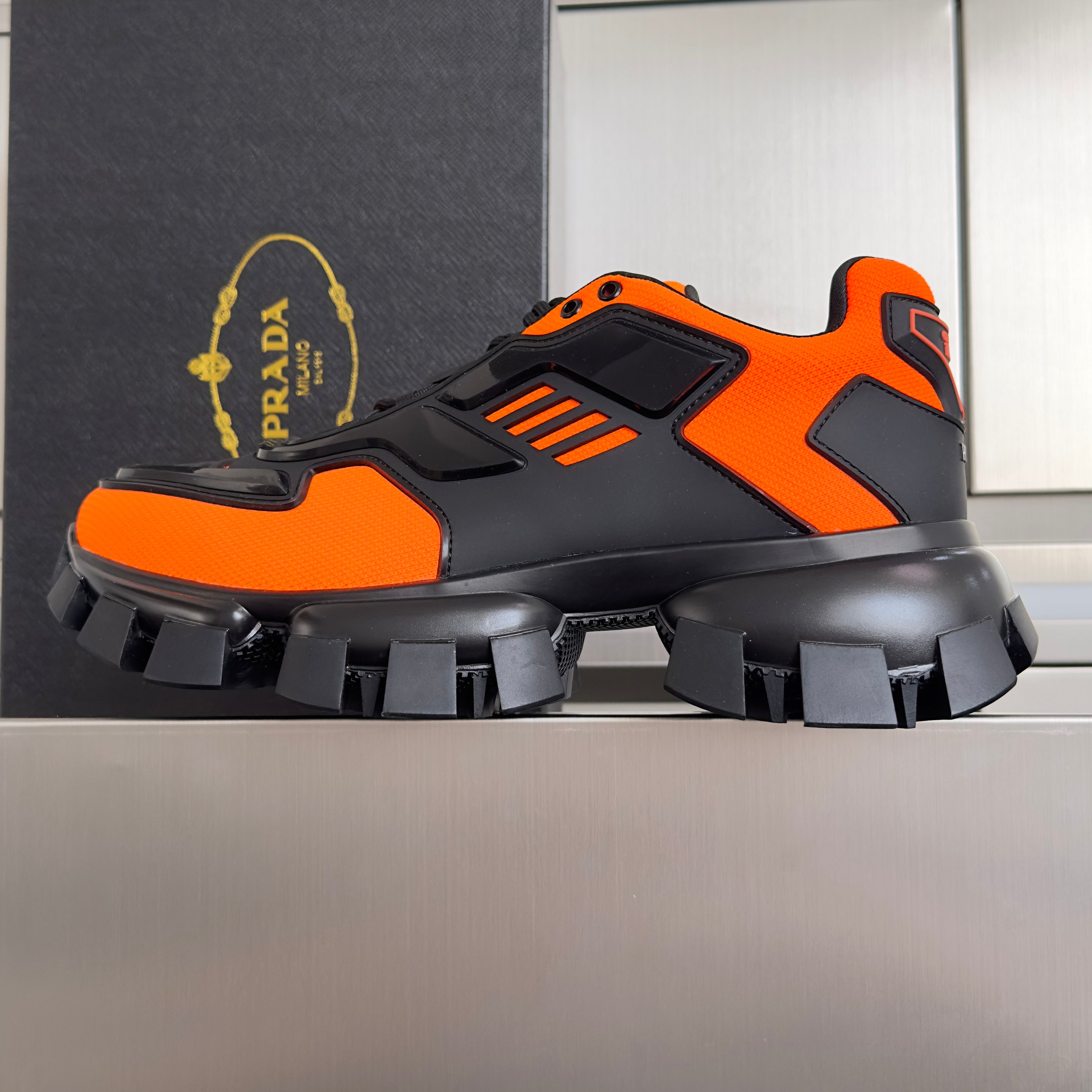 PRADA 26S CLOUDBUST THUNDER SNEAKERS 60MM IN ORANGE RED MESH FABRIC AND TPU