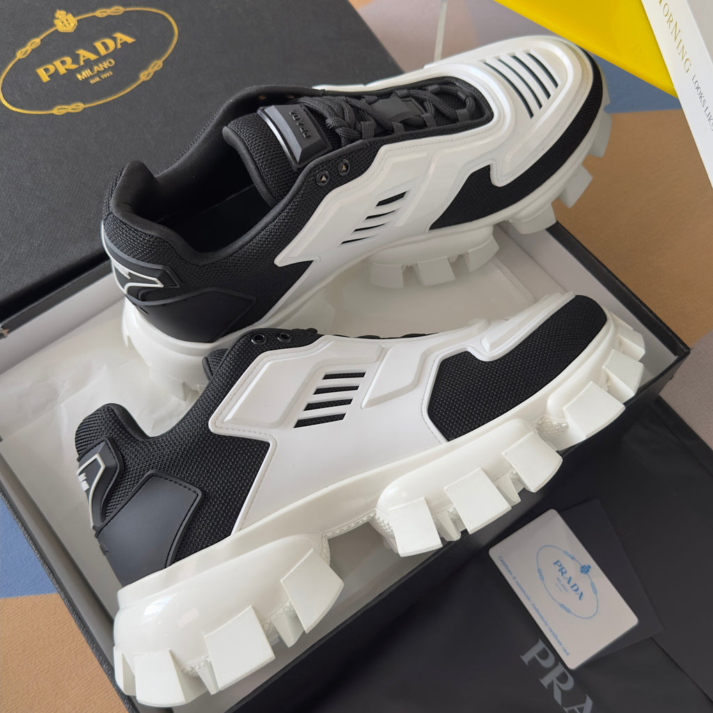 PRADA 26S CLOUDBUST THUNDER SNEAKERS 60MM IN WHITE AND BLACK MESH FABRIC AND TPU