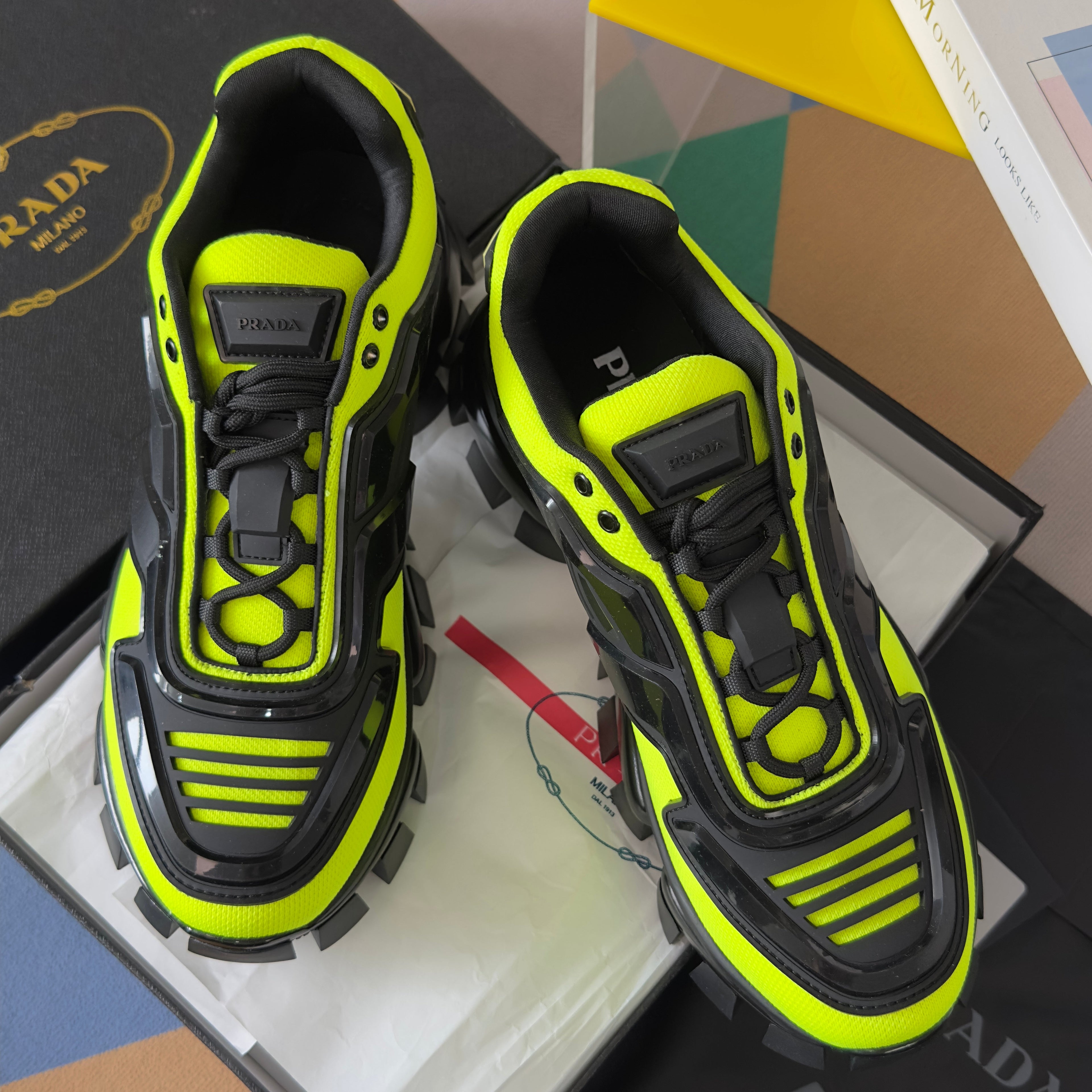PRADA 26S CLOUDBUST THUNDER SNEAKERS 60MM IN LIME YELLOW MESH FABRIC AND TPU